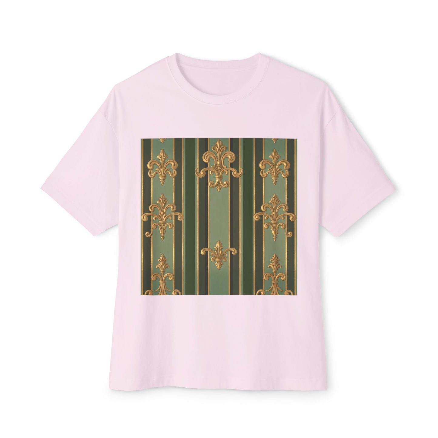 Elegant Vintage-Inspired Boxy Tee, Relaxed Fit Graphic T-Shirt, Floral Design Top, Perfect for Casual Outings - Green Striped Gold Baroque