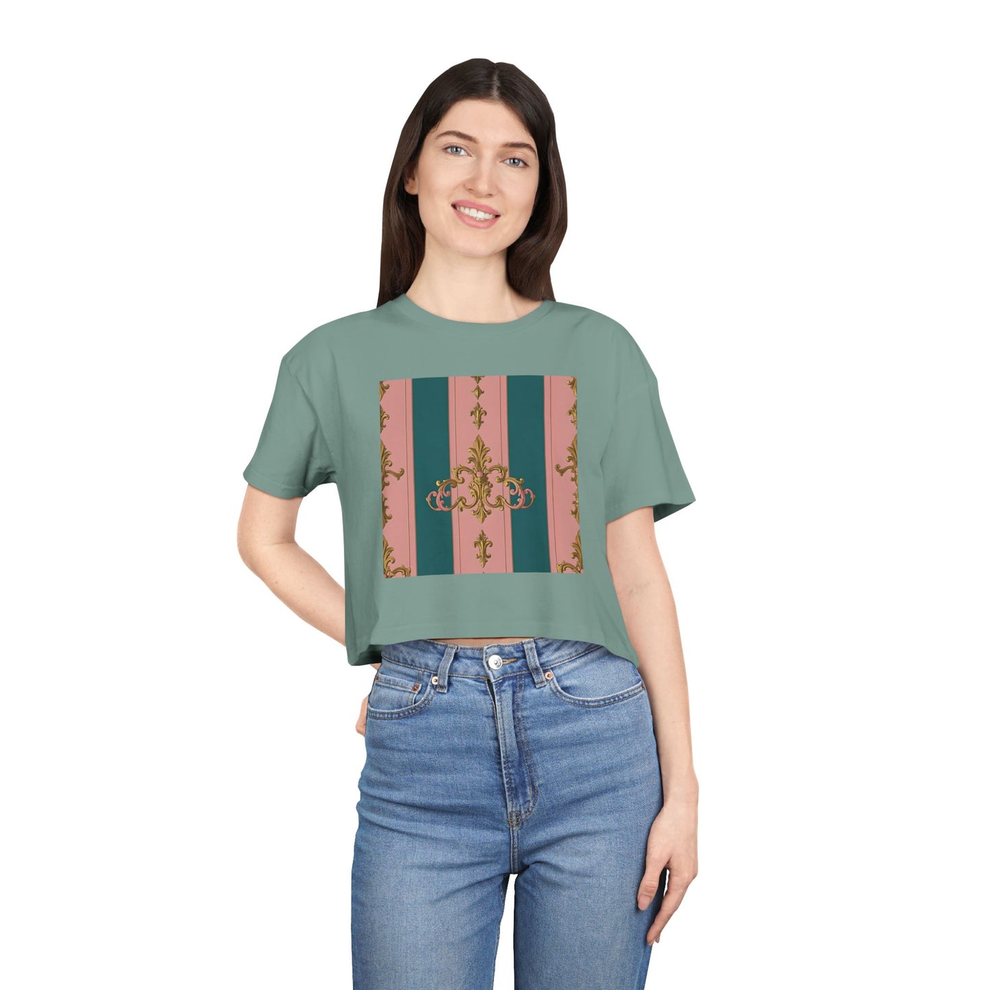 Baroque Vintage Women's Crop Tee, Casual Top, Summer Fashion, Trendy Shirt, Graphic T-Shirt, Gift for Her - Pink & Teal Striped Gold Baroque