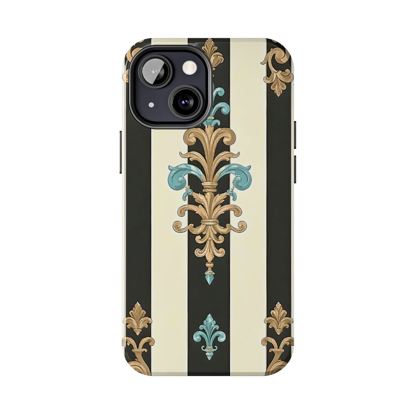 Elegant Vintage Tough Phone Cases, Stylish Phone Accessories, Quality Protection, Gifts for Her - Black Striped Turquoise & Black Rococo