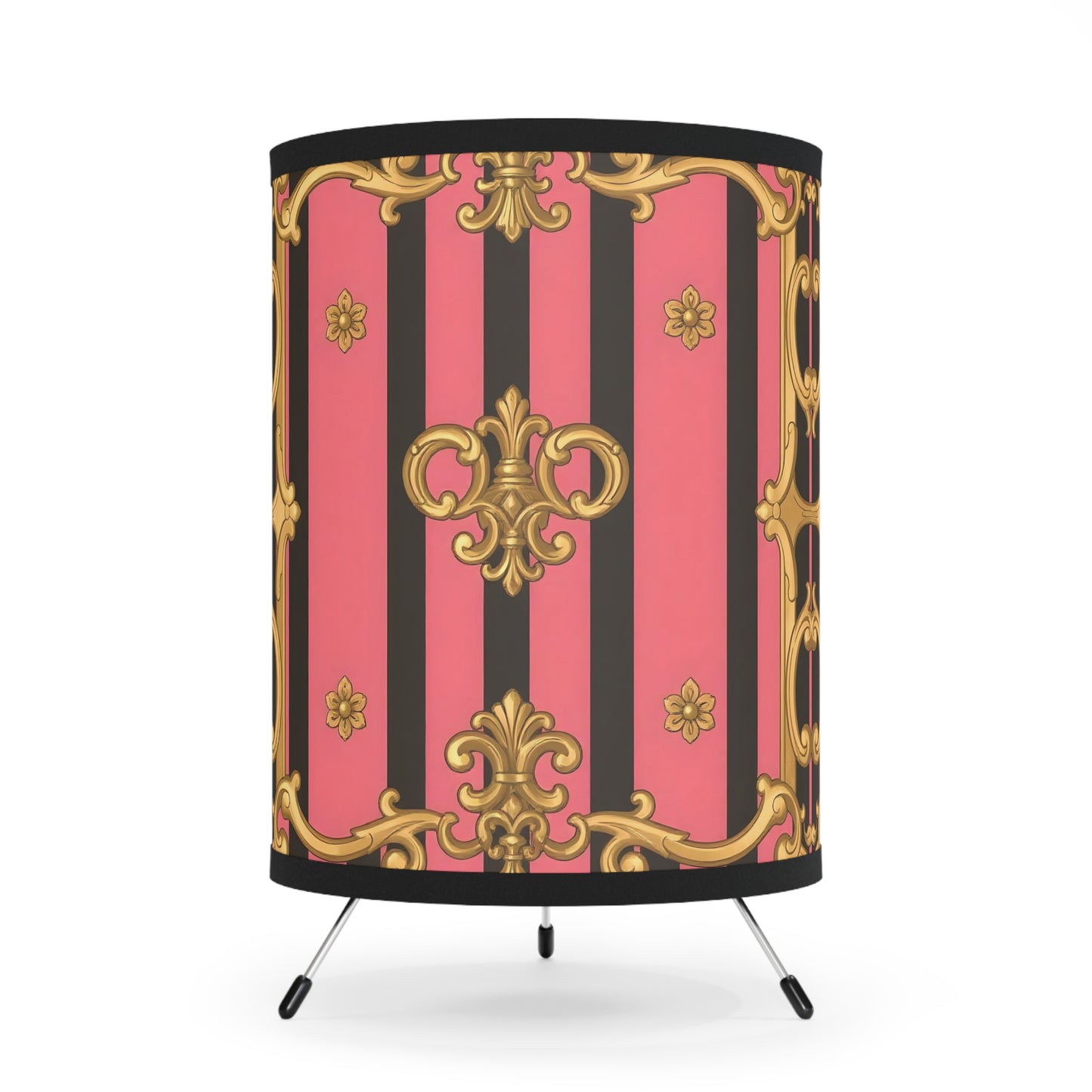 Luxurious Tripod Lamp, Decorative Table Light, Boho Home Decor, Unique Gift for Her - Pink & Black Striped Gold Baroque