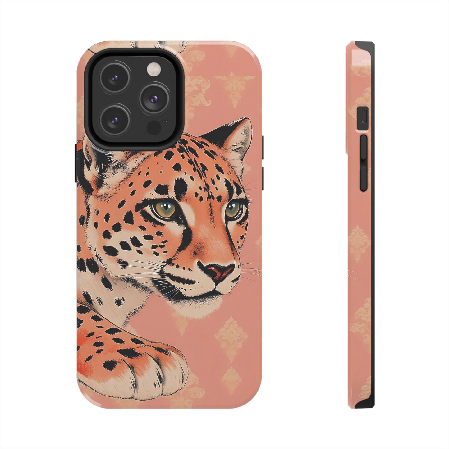 Leopard Tough Phone Case - Trendy Floral Motif Design for Animal Lovers - Peach Leopard & Damask