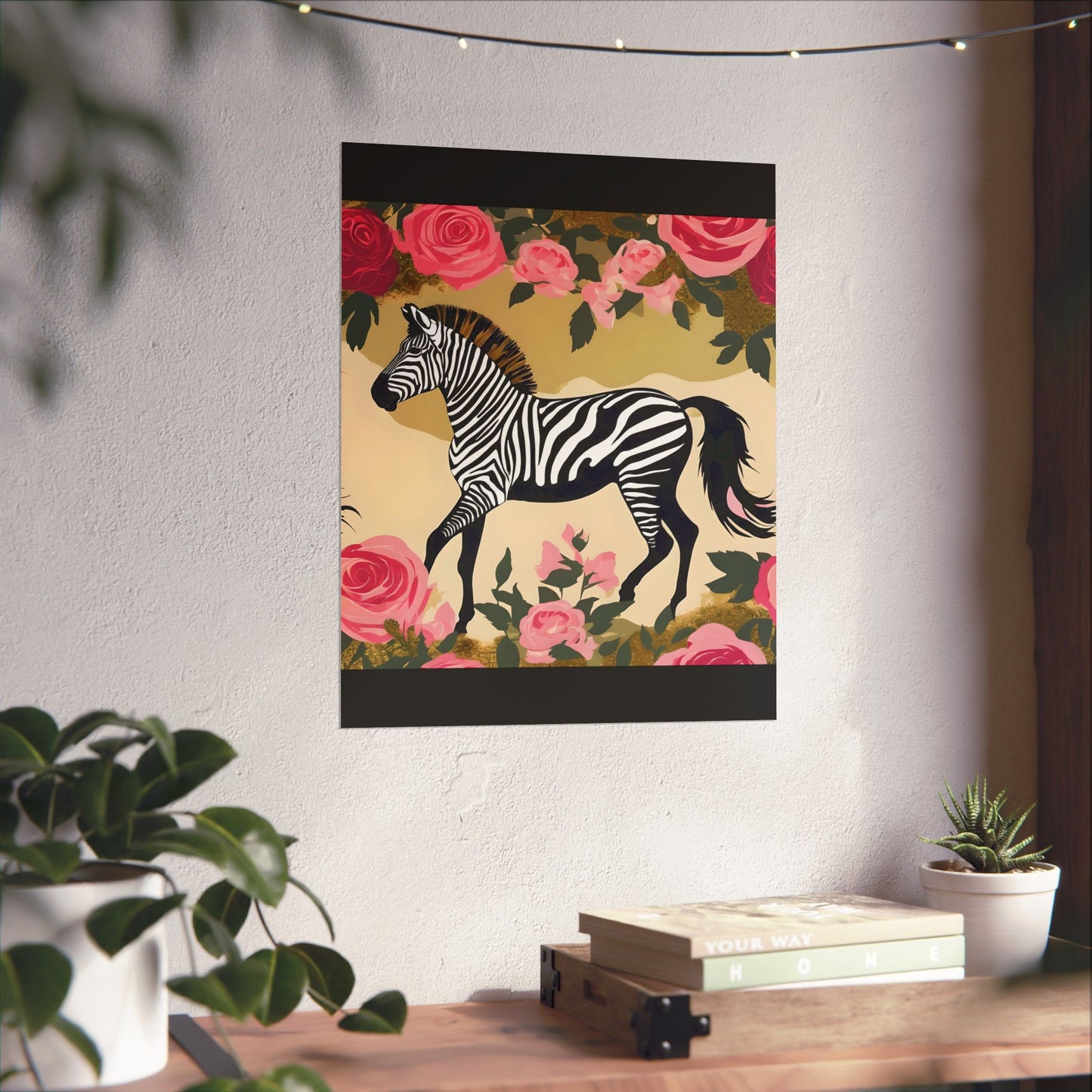 Floral Art Poster - Elegant Matte Vertical Wall Decor - Zebra In Olive & Pink Roses