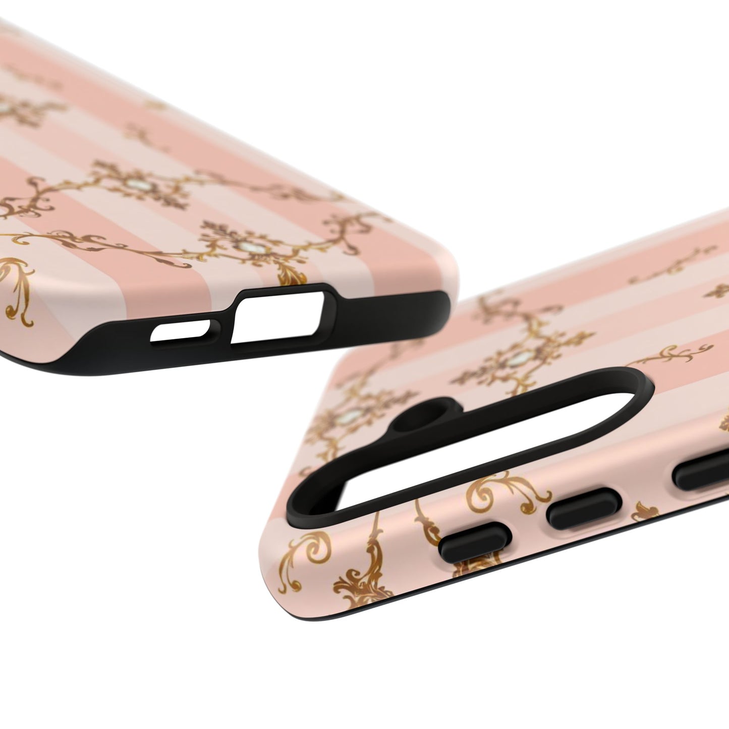 Elegant Floral Phone Case, Tough Cases for Women, Trendy Phone Cover, Chic Gift - Pink Jeweled Striped Gold Baroque