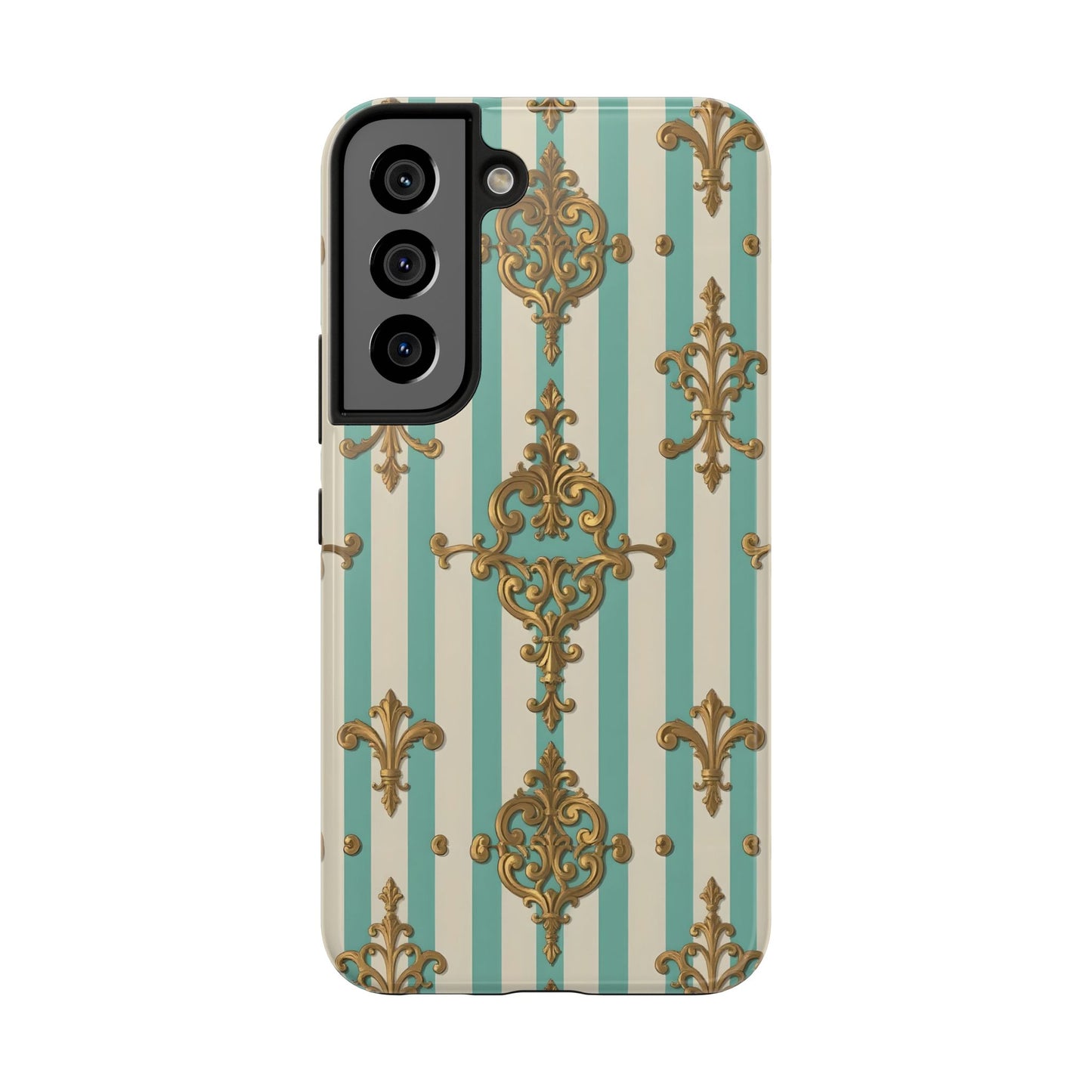 Elegant Striped Phone Case with Vintage Design, Tough Phone Cover, Stylish Smartphone Case - Matte Green Striped Rococo