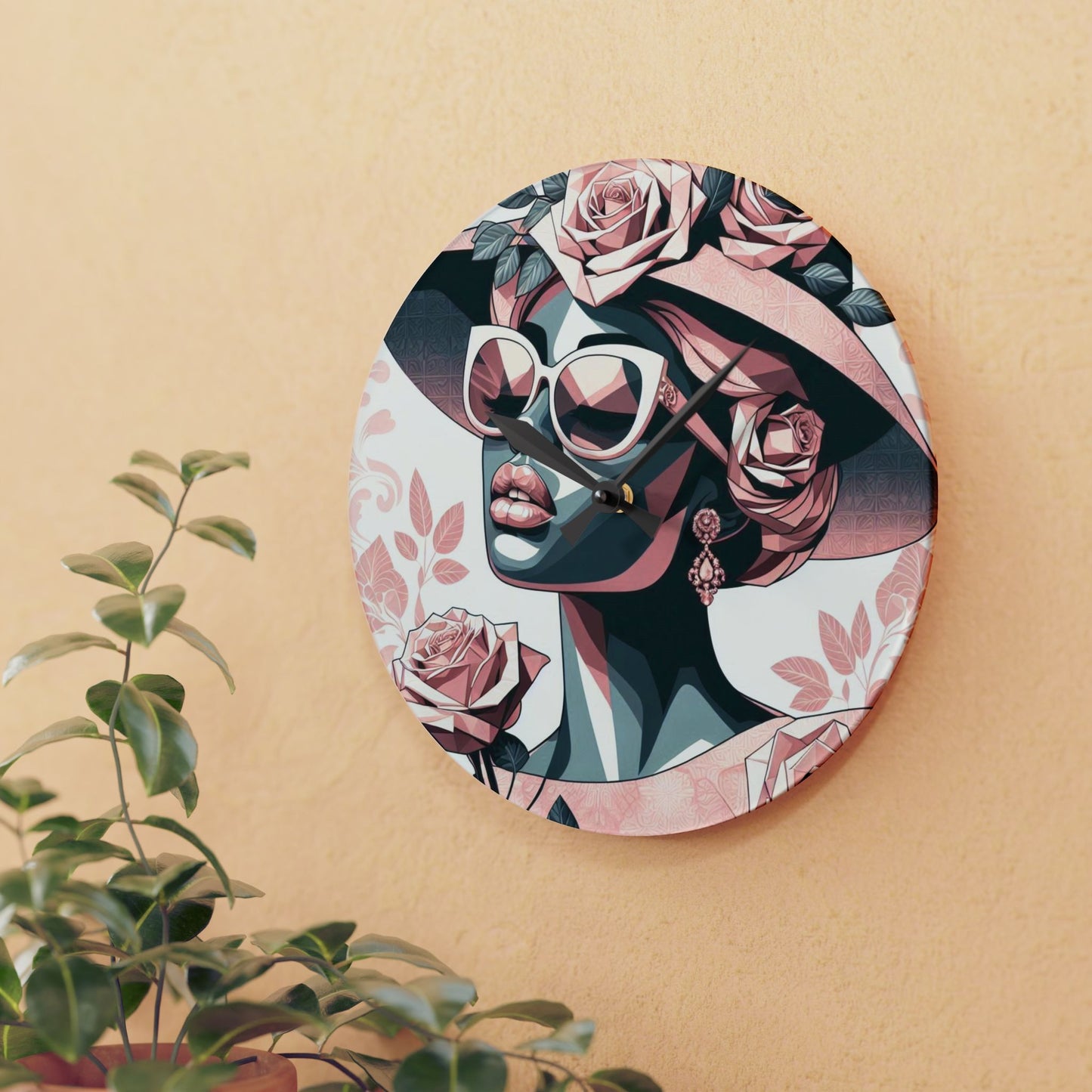 Elegant Floral Acrylic Wall Clock | Home Decor, Living Room Accent, Gift for Her, Art Clock, Modern Design - Pink & Matte Teal Lady