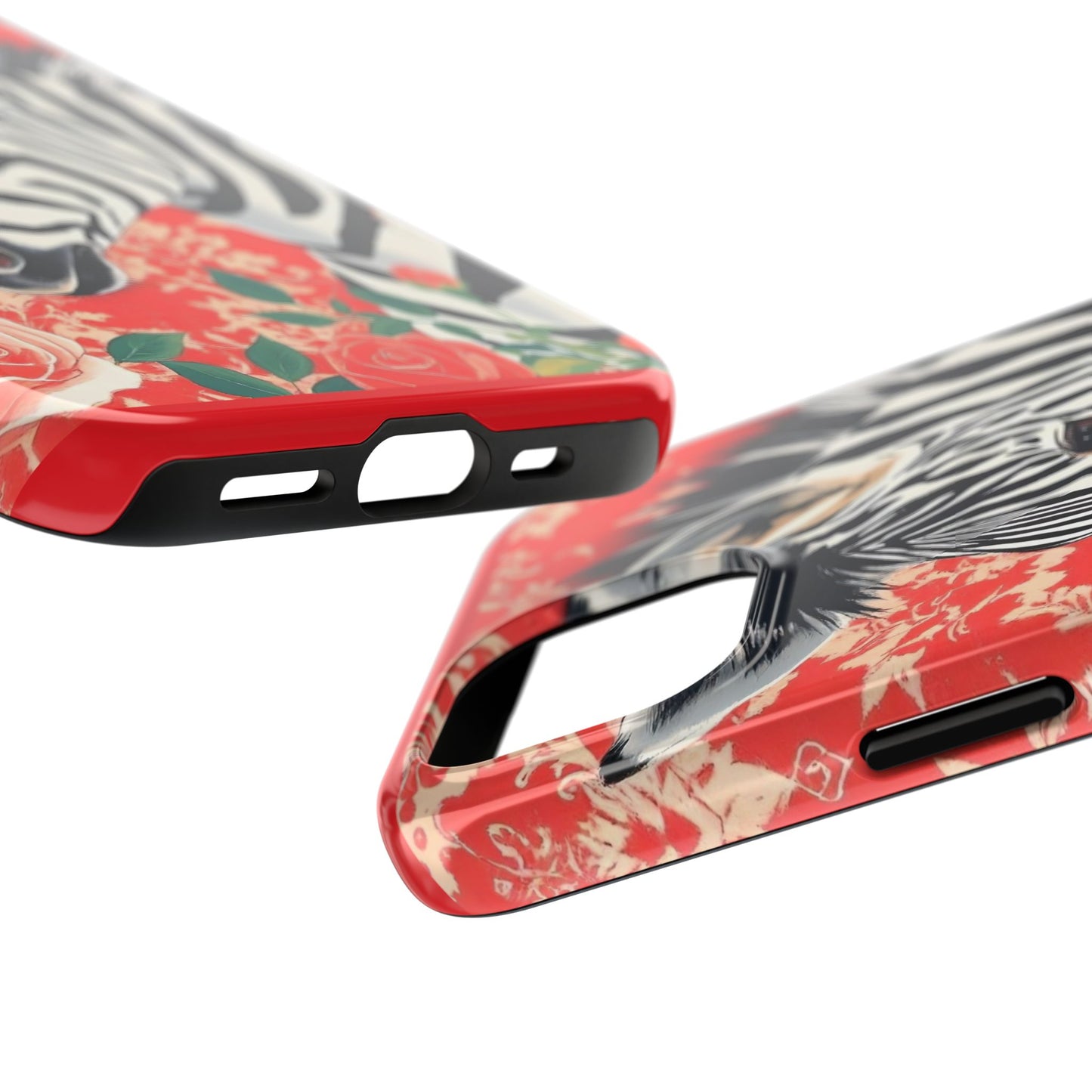Zebra Tough Phone Case - Trendy Floral Design for Animal Lovers - Zebra With Coral Roses & Damask