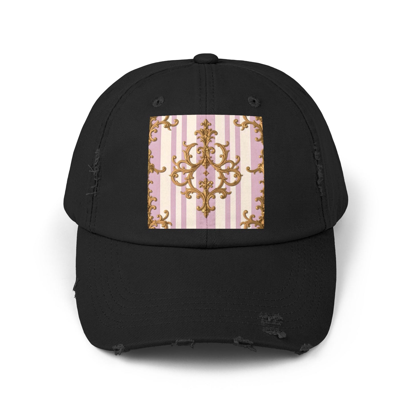 Chic Distressed Cap with Elegant Design | Trendy Accessory, Gift for Fashion Lovers, Perfect for Casual Outings - Lilac & Alabaster Striped Gold Baroque