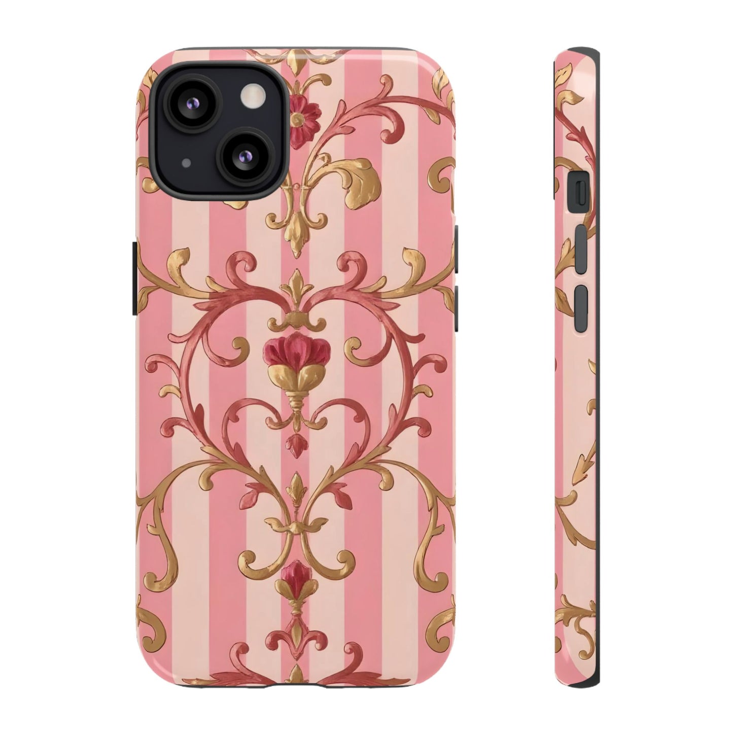 Elegant Floral Motif Phone Case - Tough Cases with Vintage Design - Pink Striped Rose Gold Damask