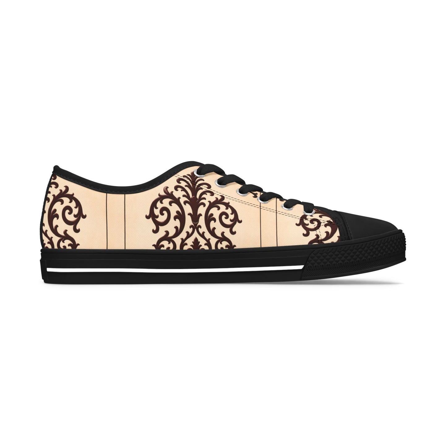 Almond-Beige & Brown Baroque Pattern Women's Low Top Sneakers — Elegant Vintage Baroque Design
