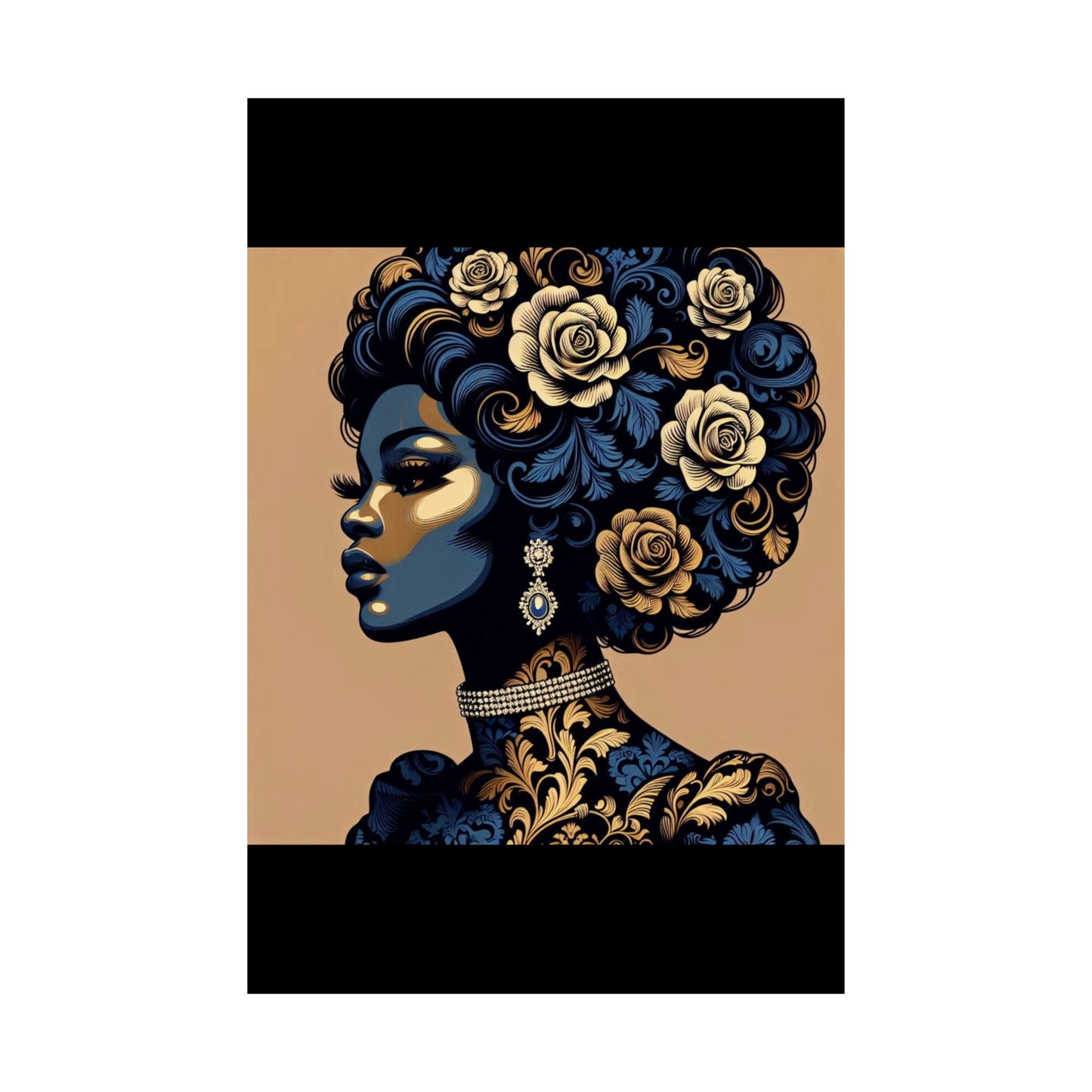 Floral Art Poster - Elegant Matte Vertical Wall Decor - Blue Damask Lady