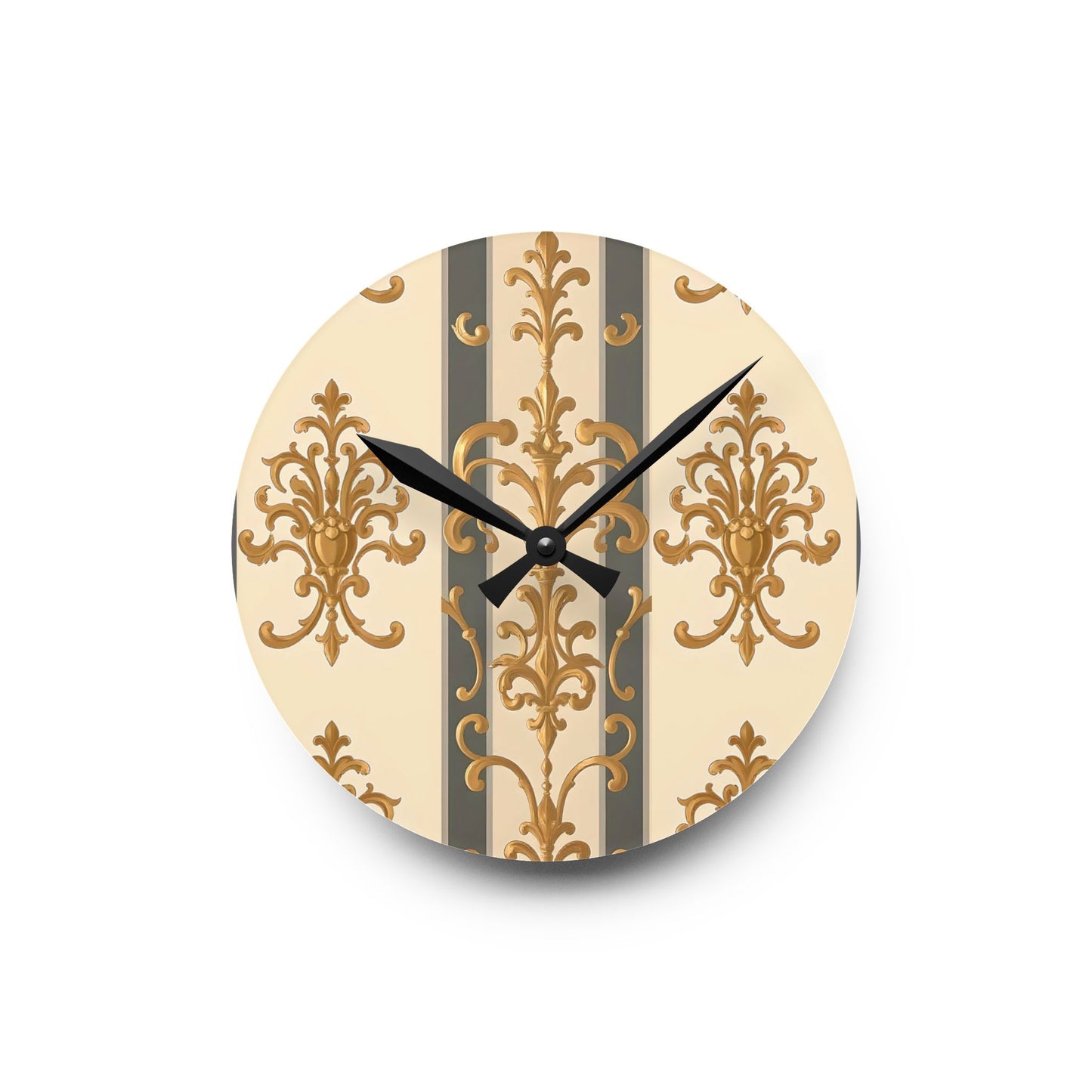 Bohemian Damask-Inspired Acrylic Wall Clock with Floral Design - Dusk Olive Striped Gold Damask
