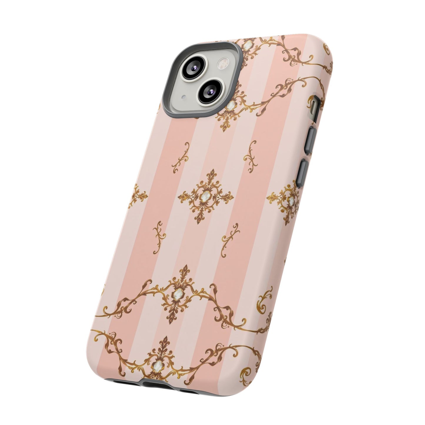 Elegant Floral Phone Case, Tough Cases for Women, Trendy Phone Cover, Chic Gift - Pink Jeweled Striped Gold Baroque
