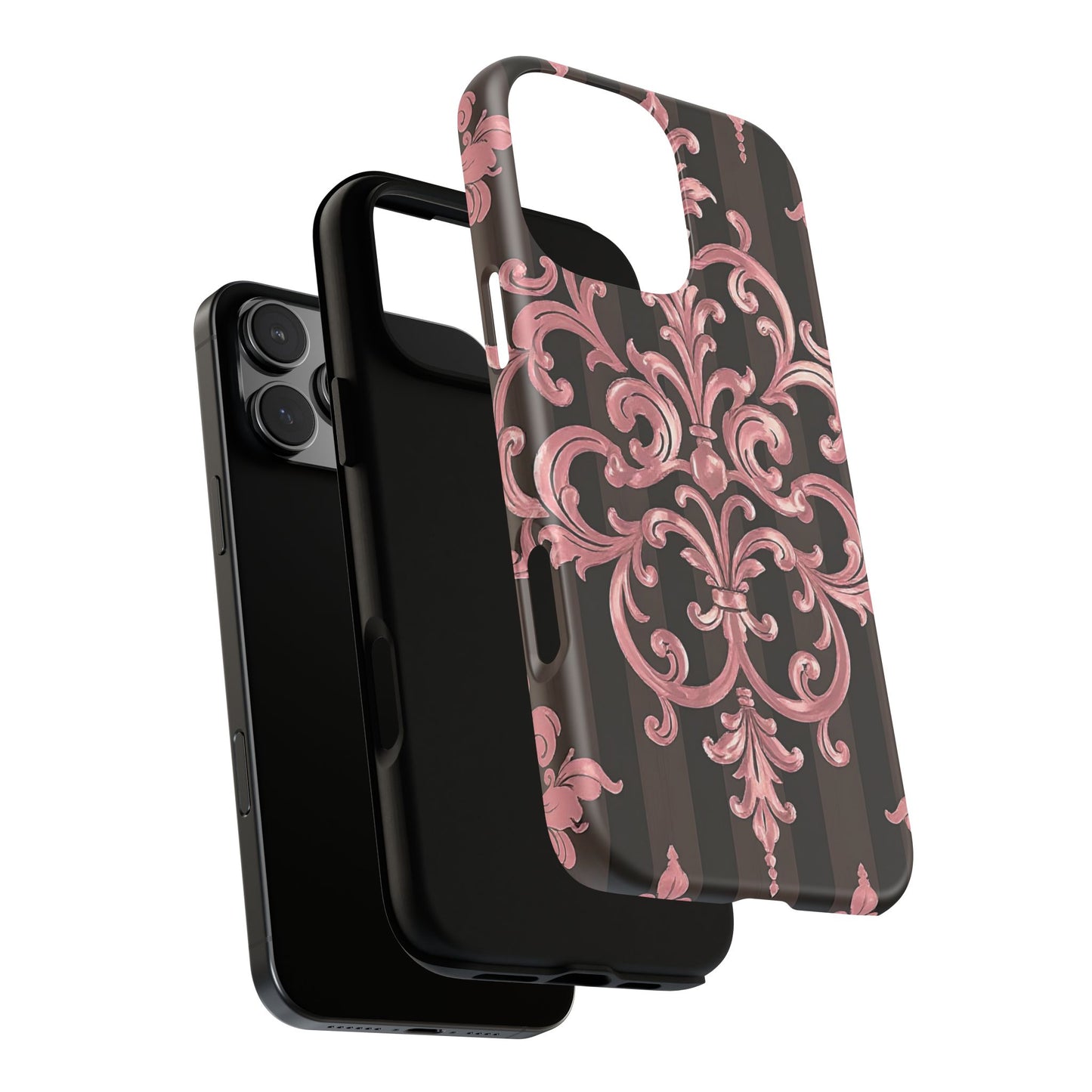 Elegant Floral Motif Phone Case - Tough Cases with Vintage Design - Brown Striped Mauve Damask