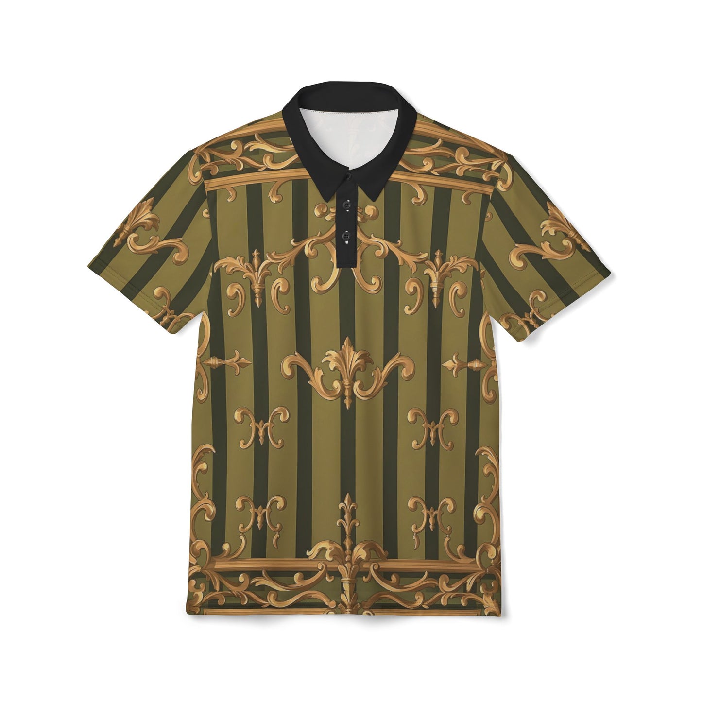 Elegant Baroque Unisex Polo Shirt, Stylish Casual Top, Fashionable Gift, Summer Wardrobe Essential - Olive Green Striped Rococo