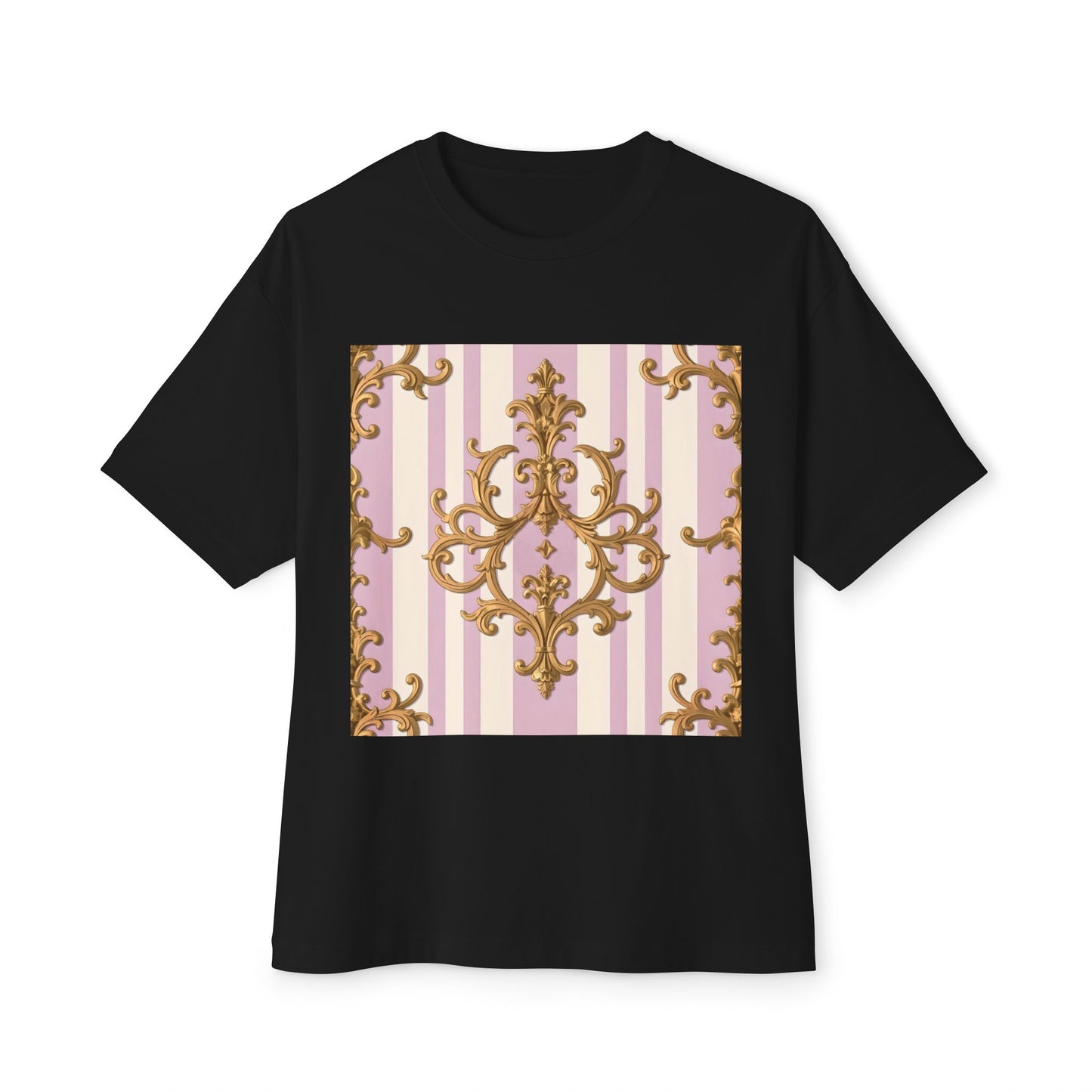 Chic Oversized Boxy Tee for Stylish Comfort, Casual Wear, Graphic Tee, Trendy Fashion, Gifts for Her - Lilac & Alabaster Striped Gold Baroque