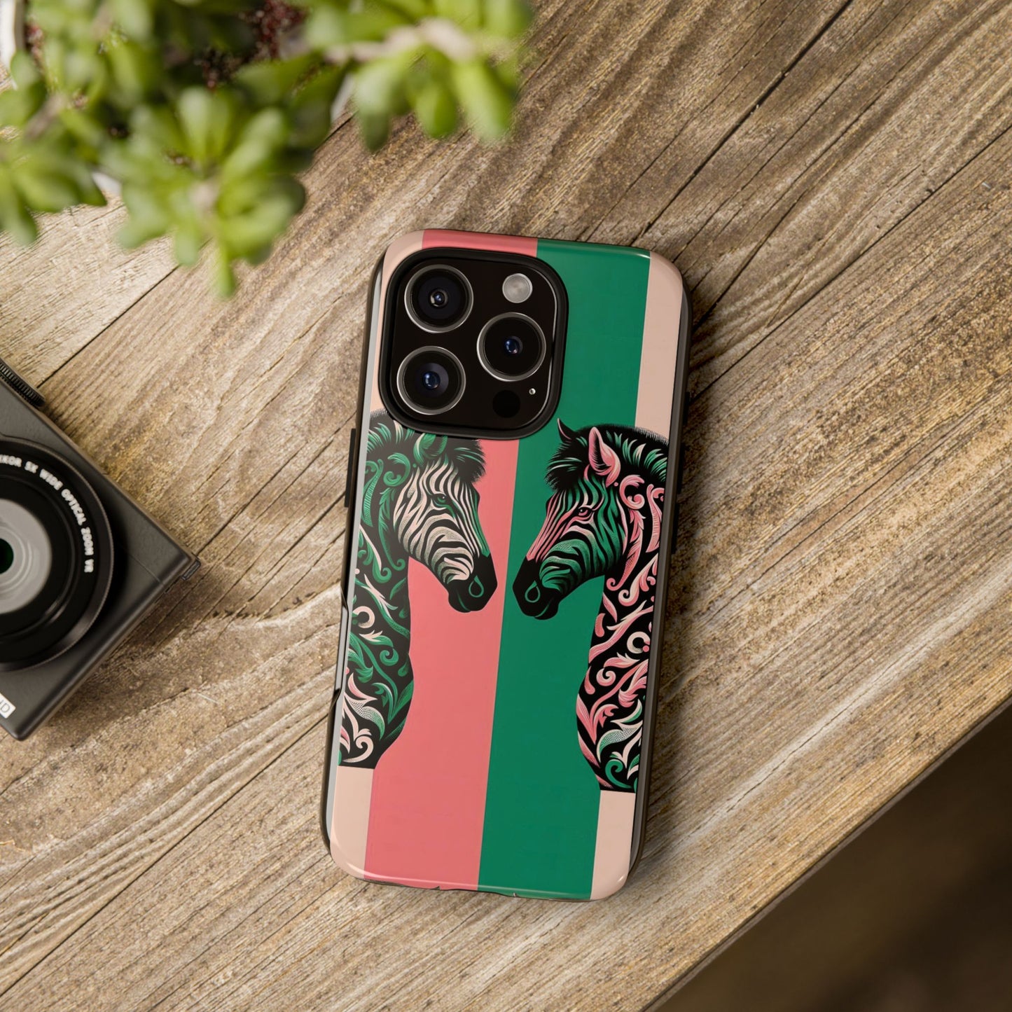 Phone Case - Elegant Pink & Green Zebra Damask Design