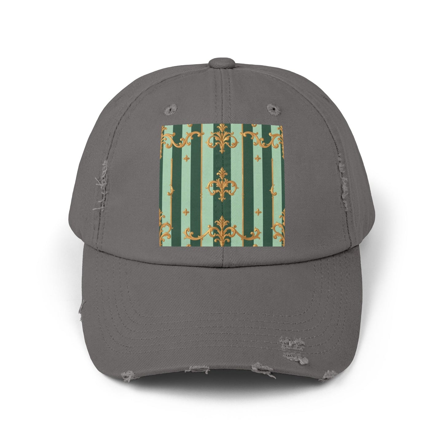Vintage Chic Unisex Distressed Cap - Fashion Hat, Casual Headwear, Trendy Accessory, Gift for Him/Her - Mint Green & Teal Striped Gold Baroque