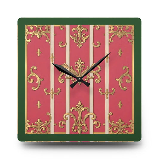 Elegant Green Border Pink & Gold Acrylic Wall Clock, Vintage Home Decor, Stylish Timepiece, Gift for Housewarming, Timeless Design