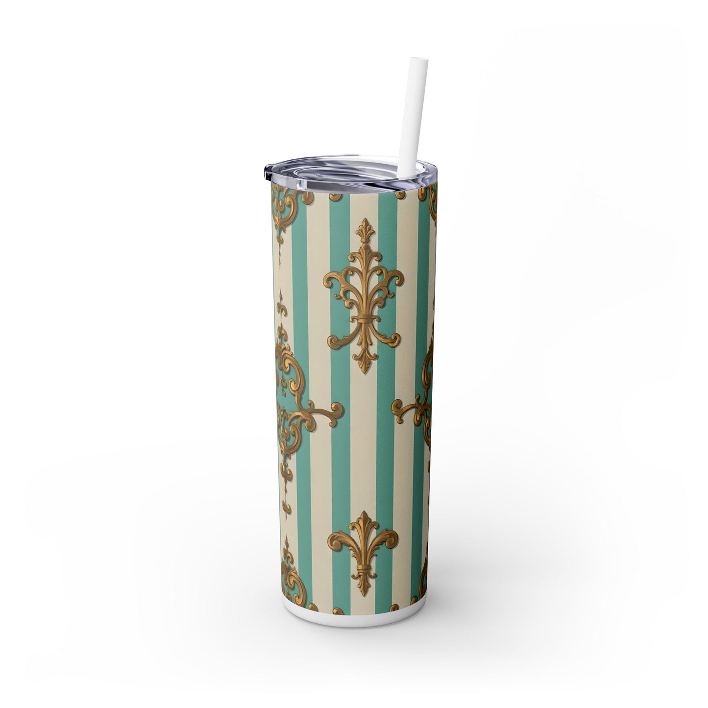 Elegant Vintage Skinny Tumbler with Straw, 20oz, Stylish Drinkware, Perfect Gift for Home, Coffee Lovers - Matte Green Striped Rococo