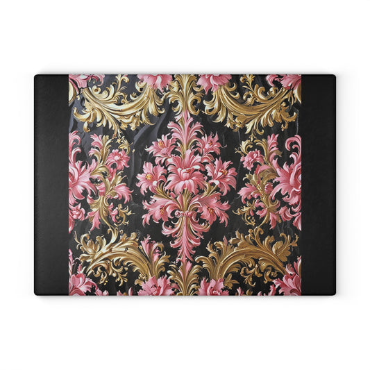 Elegant Floral Glass Cutting Board, Kitchen Decor, Decorative Cutting Board, Gift for Cooks, Wedding Gift - Black & Pink Oil Painting Style Rococo