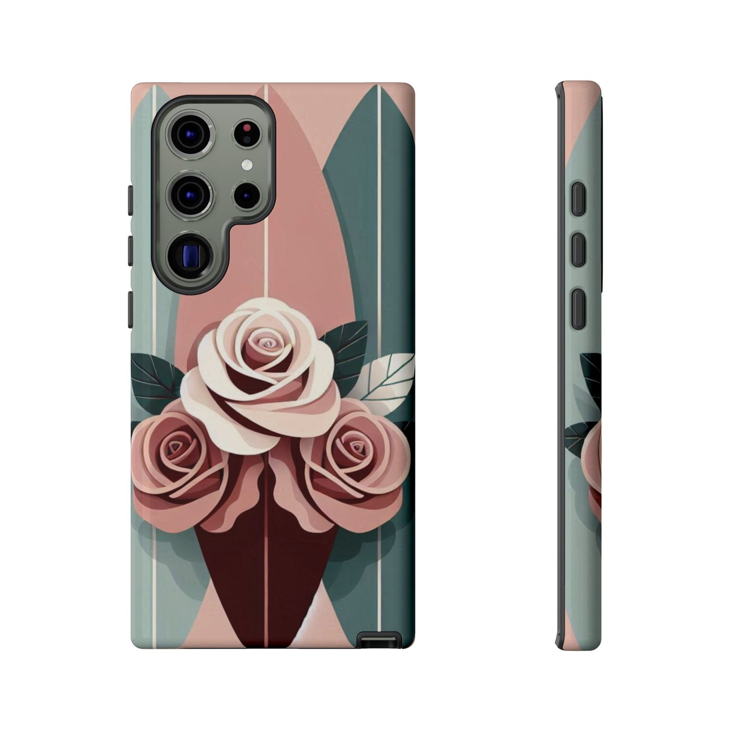 Phone Case - Burgundy, Matte Mauve & Teal Surfboard & Roses Design