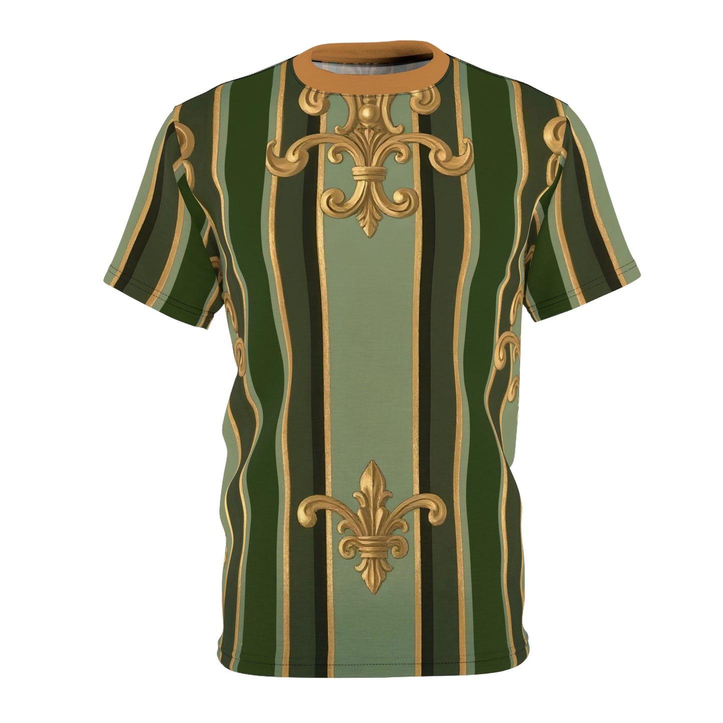 Elegant Striped Unisex Tee, Chic Casual Wear, Stylish Everyday Outfit, Unique Gift for Fashion Lovers - Green Striped Gold Baroque