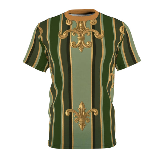 Elegant Striped Unisex Tee, Chic Casual Wear, Stylish Everyday Outfit, Unique Gift for Fashion Lovers - Green Striped Gold Baroque