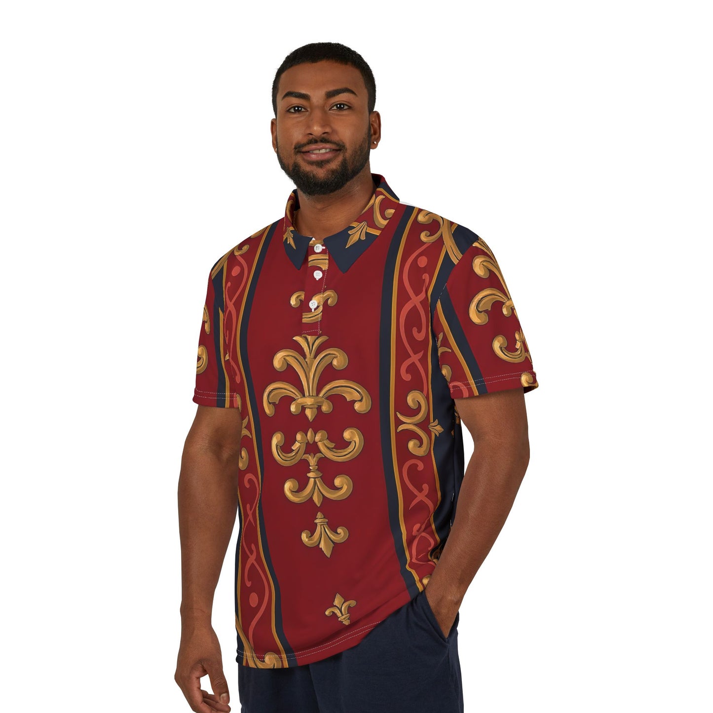Regal Pattern Unisex Polo Shirt, Stylish Casual Wear, Gift for Fashion Lovers, Men's Polo, Special Occasions - Midnight Blue & Dusk Red Gold Baroque