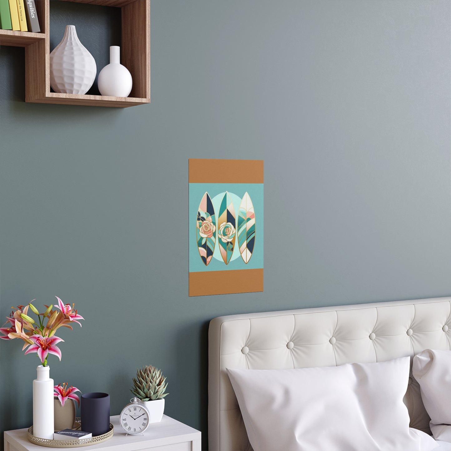 Elegant Floral Silk Poster - Indoor/Outdoor Wall Art for Home Decor - Blue, Pink & Aqua Surfboard & Roses