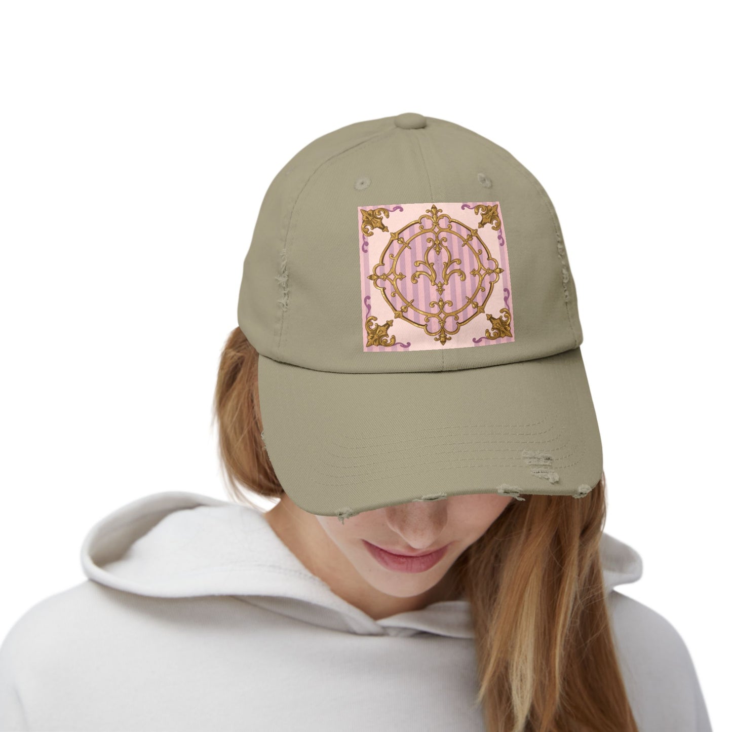 Chic Distressed Cap with Elegant Lavender & Alabaster Striped Gold Baroque Design | Casual Style, Streetwear, Gift for Her, Unique Accessory