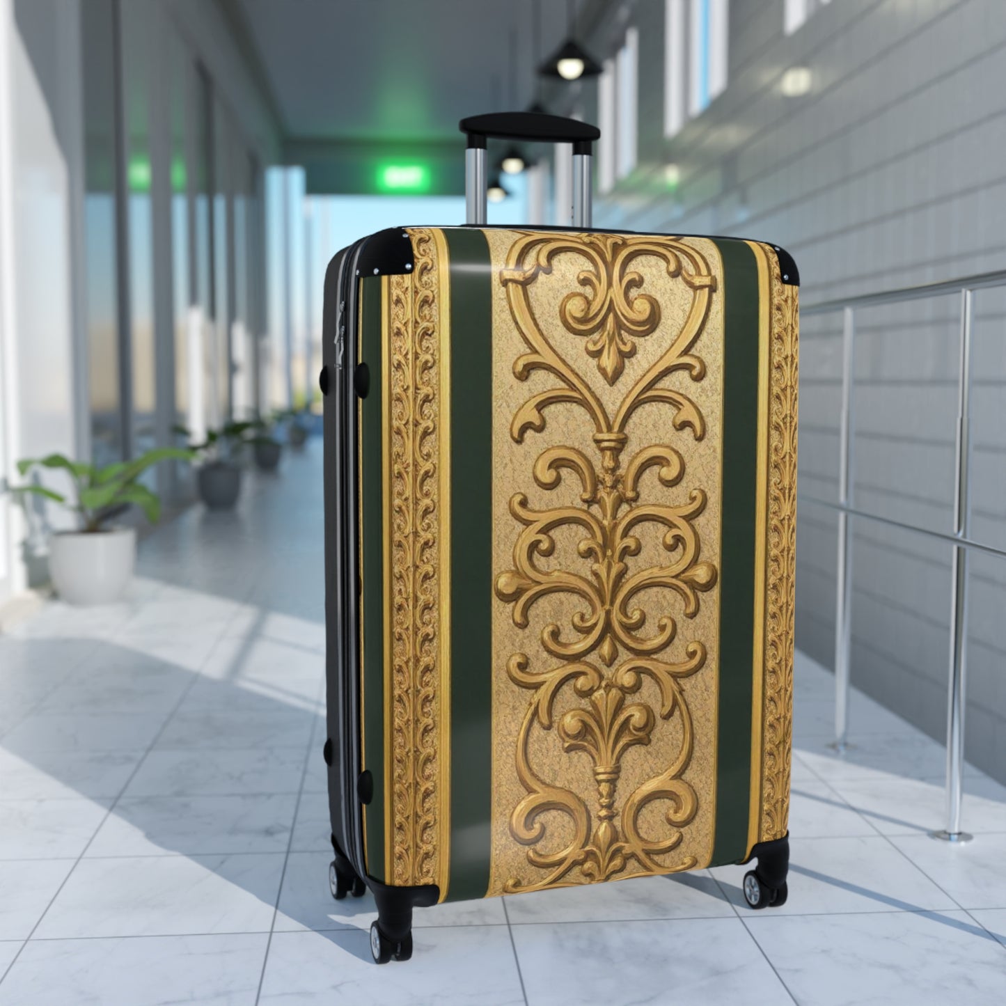 Elegant Teal Striped Gold Baroque Travel Suitcase - Vintage Style Luggage for Stylish Travelers, Durable Carry-On, Gift for Adventurers