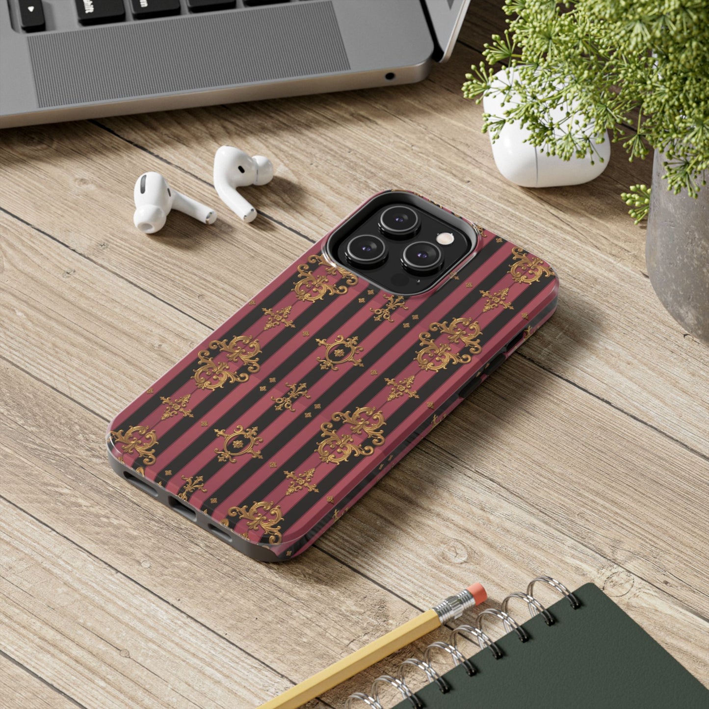 Elegant Black & Mauve Striped Gold Baroque Phone Case, Tough Phone Cases, Stylish Protective Cover, Unique Gift, Luxe Phone Accessories