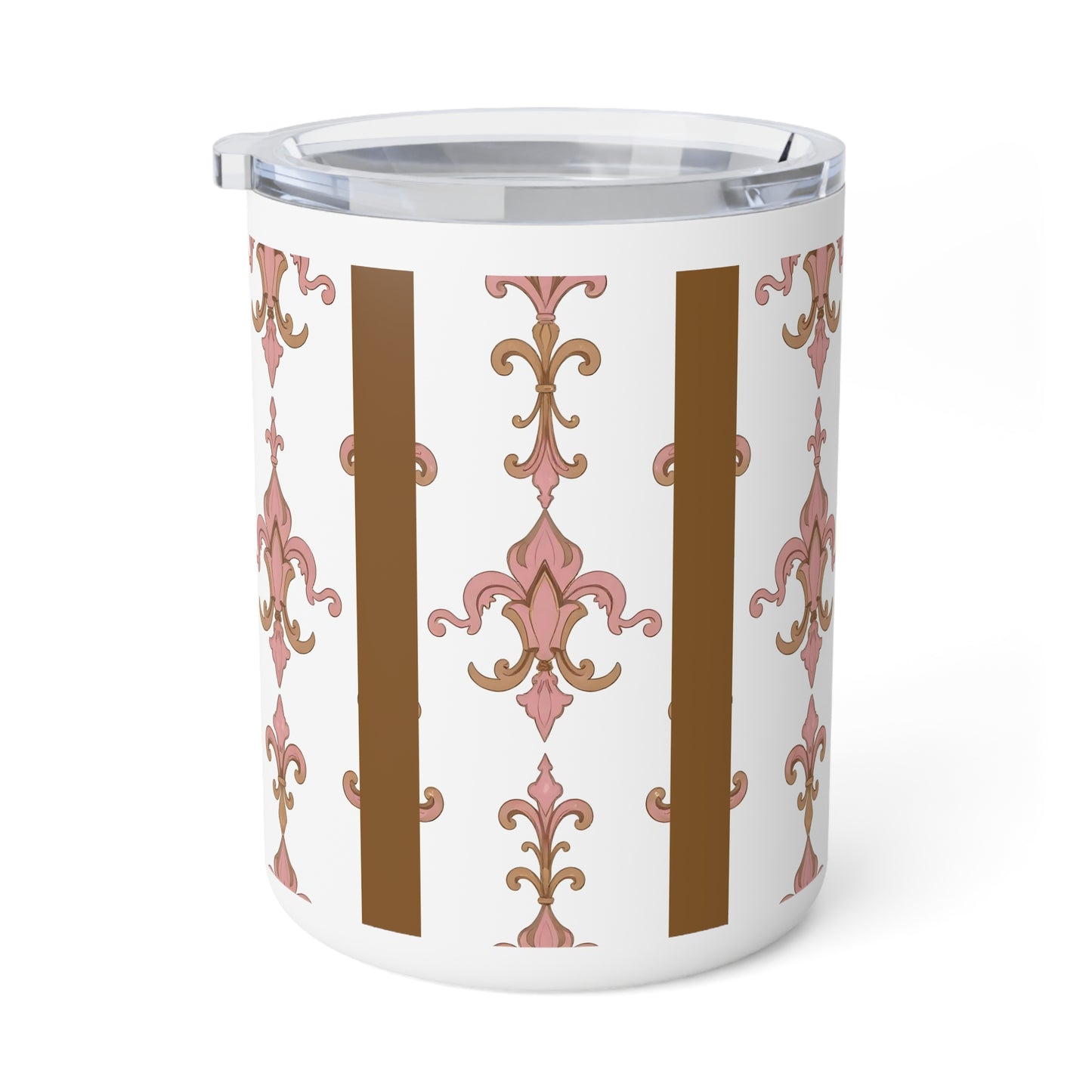 Elegant Floral Insulated Coffee Mug | Stylish Travel Cup, Morning Brew, Gift for Her, Unique Decor, Coffee Lover's Delight - Brown Striped Pink Arabesque