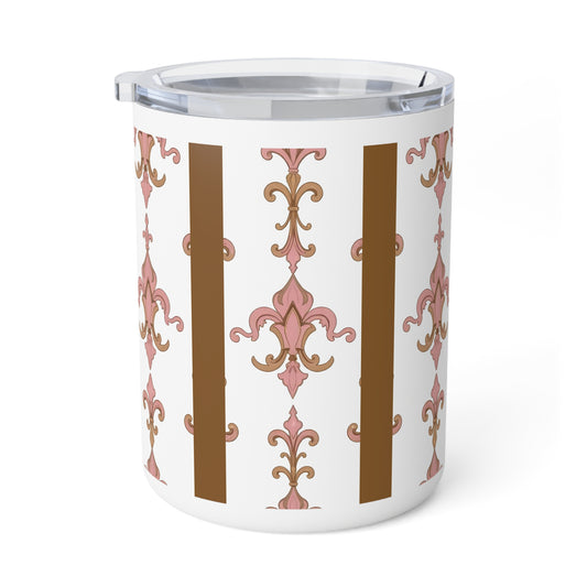 Elegant Floral Insulated Coffee Mug | Stylish Travel Cup, Morning Brew, Gift for Her, Unique Decor, Coffee Lover's Delight - Brown Striped Pink Arabesque