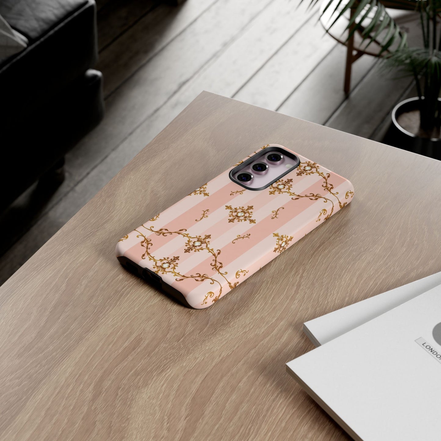 Elegant Floral Phone Case, Tough Cases for Women, Trendy Phone Cover, Chic Gift - Pink Jeweled Striped Gold Baroque
