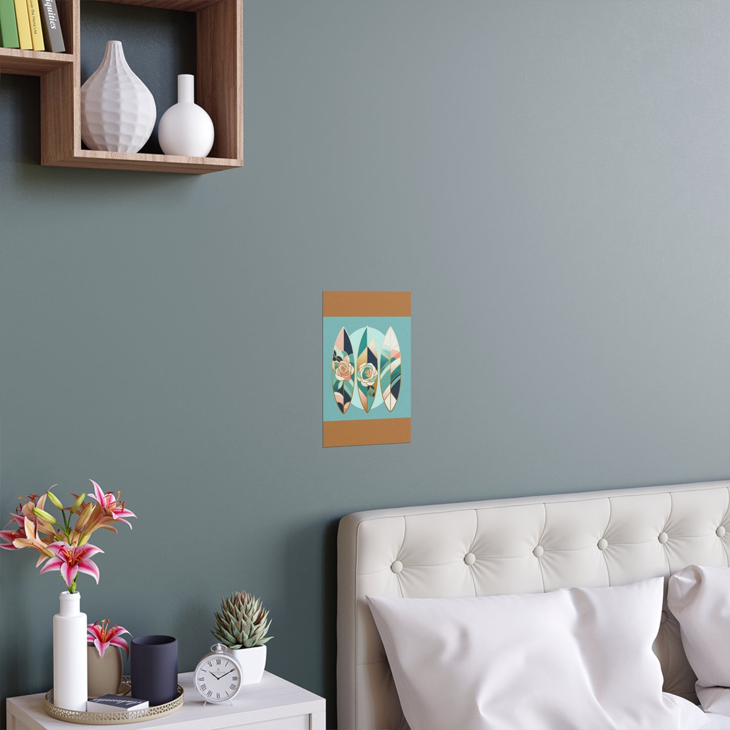 Elegant Floral Silk Poster - Indoor/Outdoor Wall Art for Home Decor - Blue, Pink & Aqua Surfboard & Roses