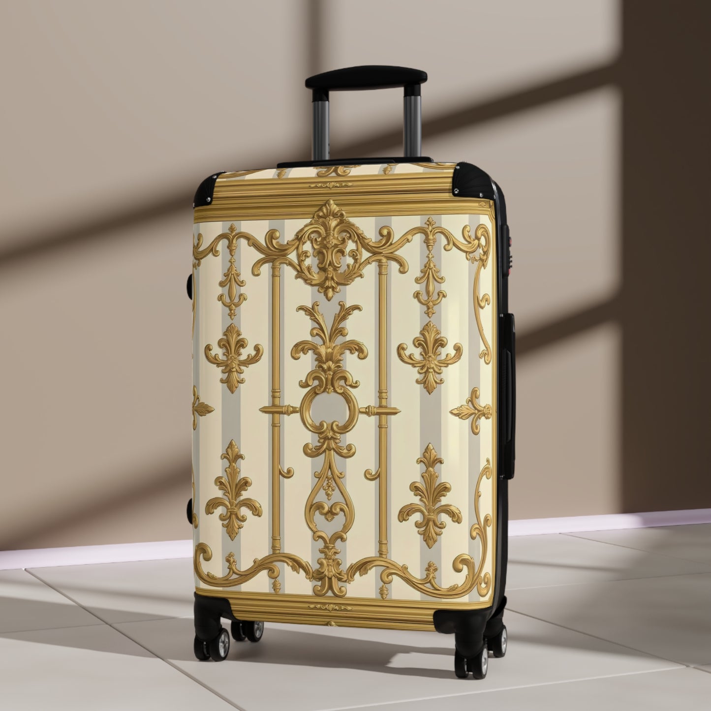 Elegant Travel Suitcase with Vintage Gold Design, Stylish Luggage, Fashionable Carry-On, Travel Gifts - Matte Gray & Cream Striped Gold Baroque