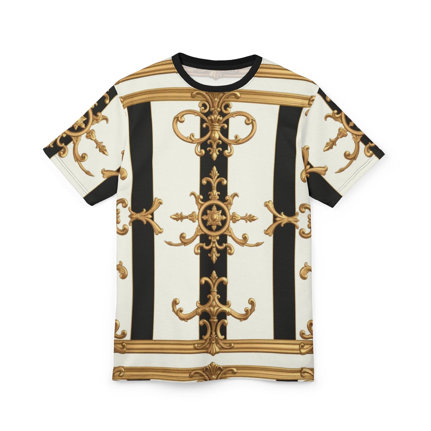 Elegant Baroque Unisex Cut & Sew Tee | Stylish AOP Top, Fashion Statement, Unique Gift, Casual Wear - Black & White Striped Gold Baroque
