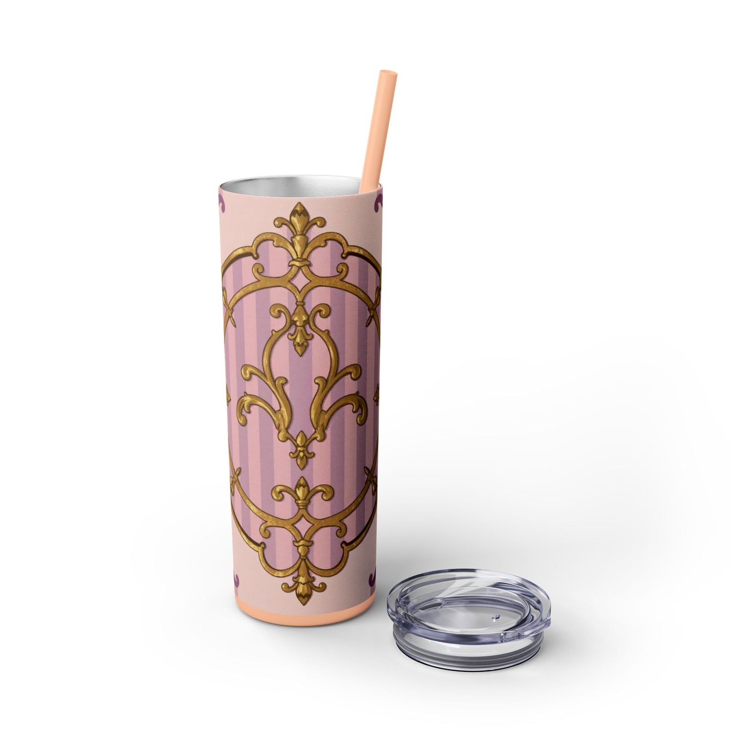 Elegant Lavender & Alabaster Striped Gold Baroque Tumbler - Insulated 20oz Skinny Cup with Straw, Ideal for Gifts, Parties, and Daily Use