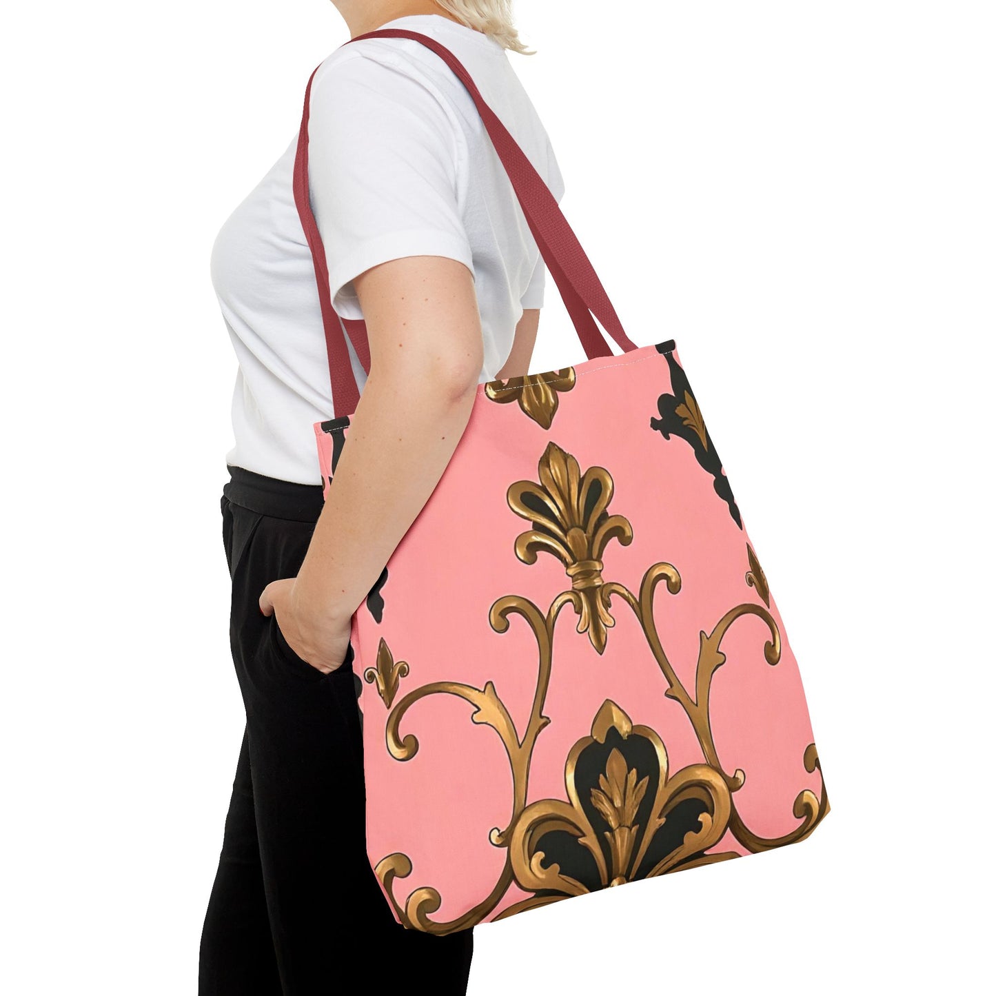 Elegant Patterned Tote Bag - Chic Carry-All for Everyday Use, Fashion Accessory - Pink, Black & Gold Rococo