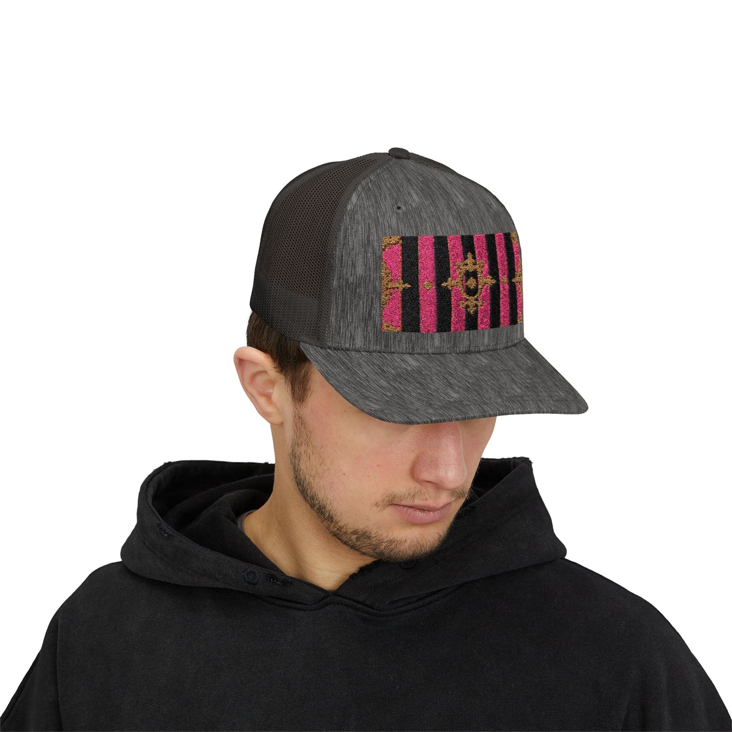 Stylish Snapback Trucker Cap with Black & Mauve Striped Gold Baroque, Trendy Fashion Hat, Perfect Gift for Him/Her