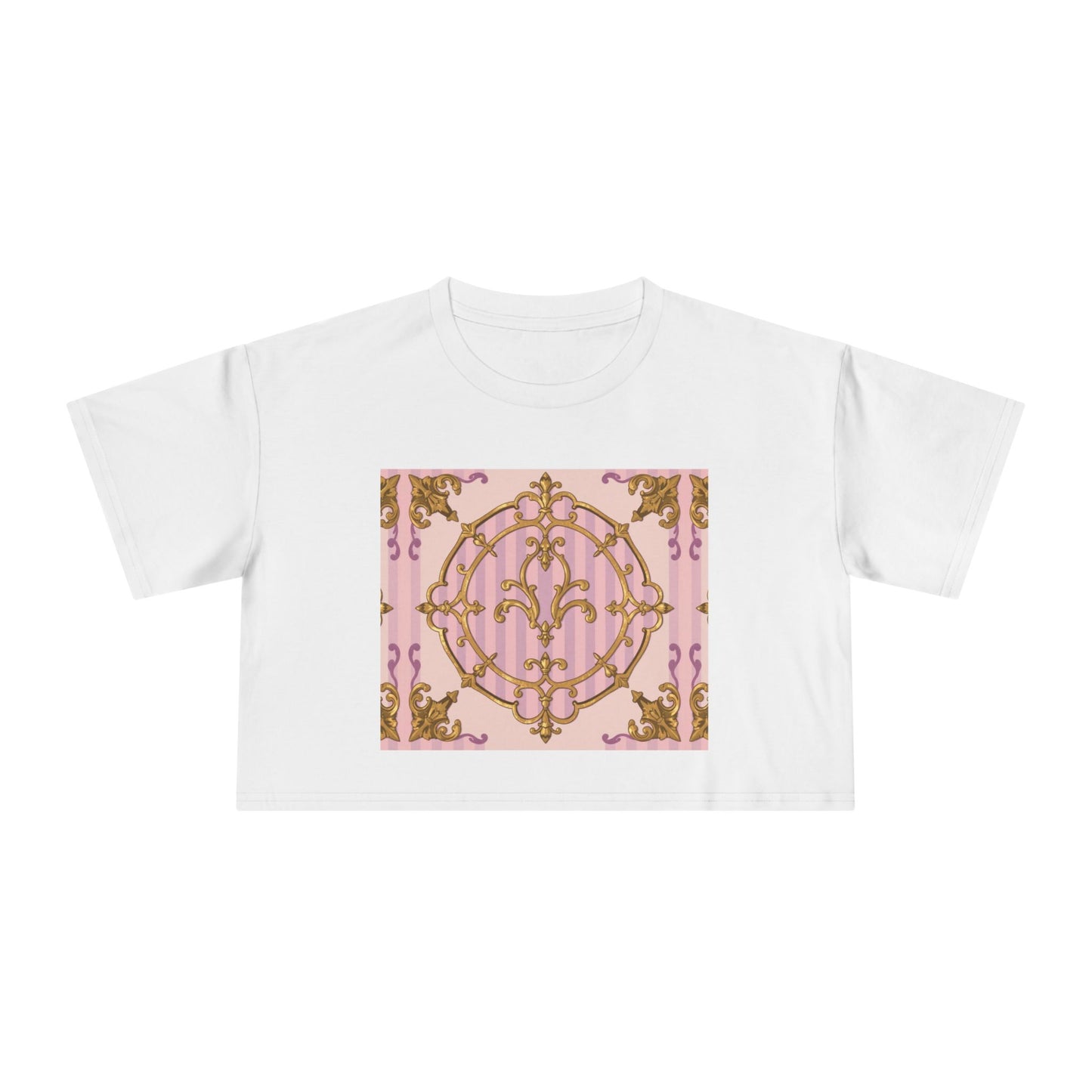 Chic Women's Crop Tee with Elegant Lavender & Alabaster Striped Gold Baroque Print - Perfect for Fashionistas, Festivals, Gifts, Summer Wear