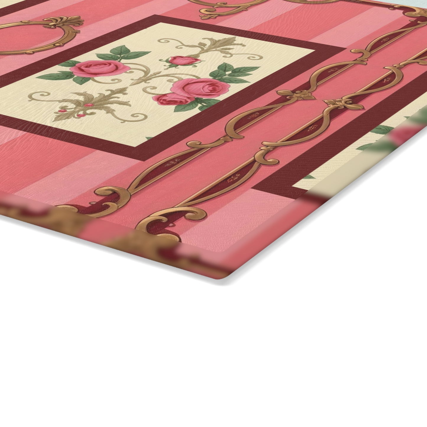 Elegant Floral Glass Cutting Board - Vintage Pink Design for Home Cooking - Pink Striped Baroque & Roses
