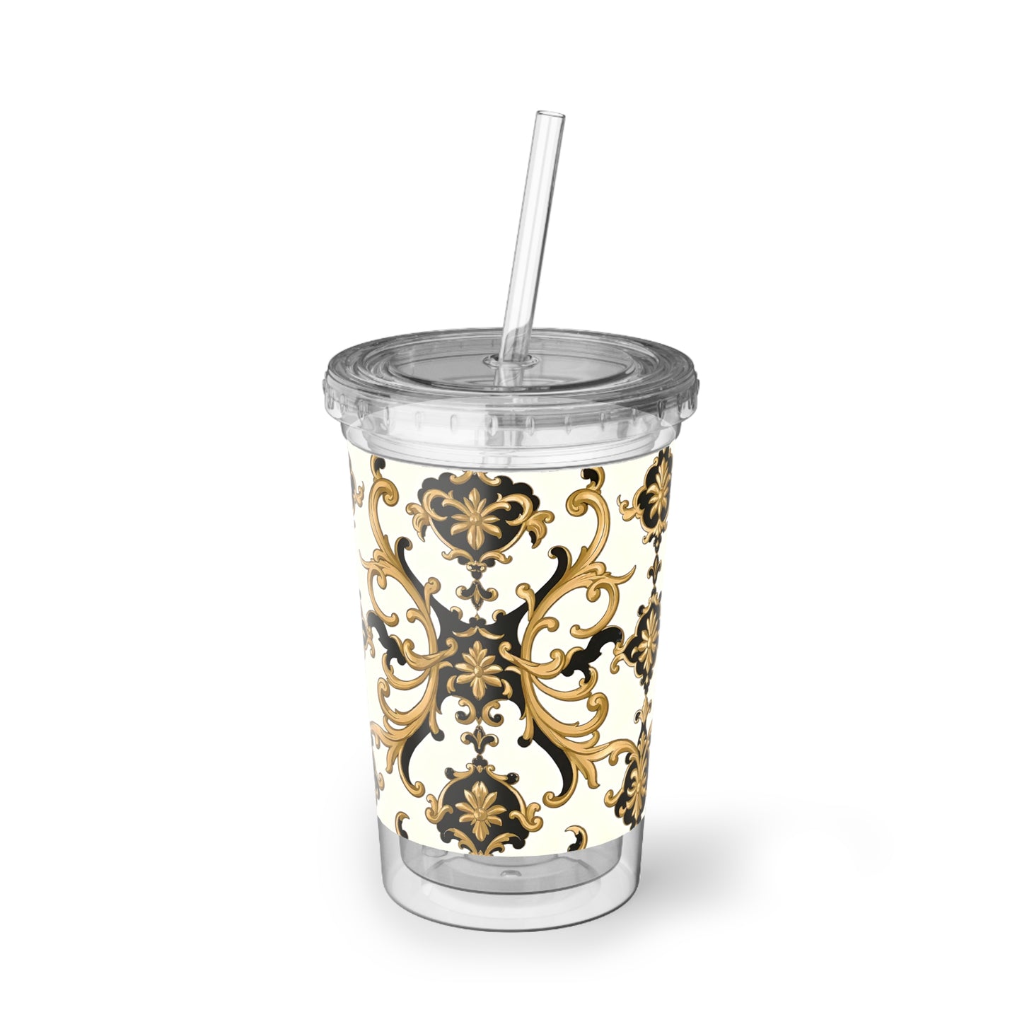 Elegant Insulated Acrylic Cup - Stylish Drinkware, Travel Mug, Summer Sips, Home Decor, Gift Idea - Black & Gold Rococo