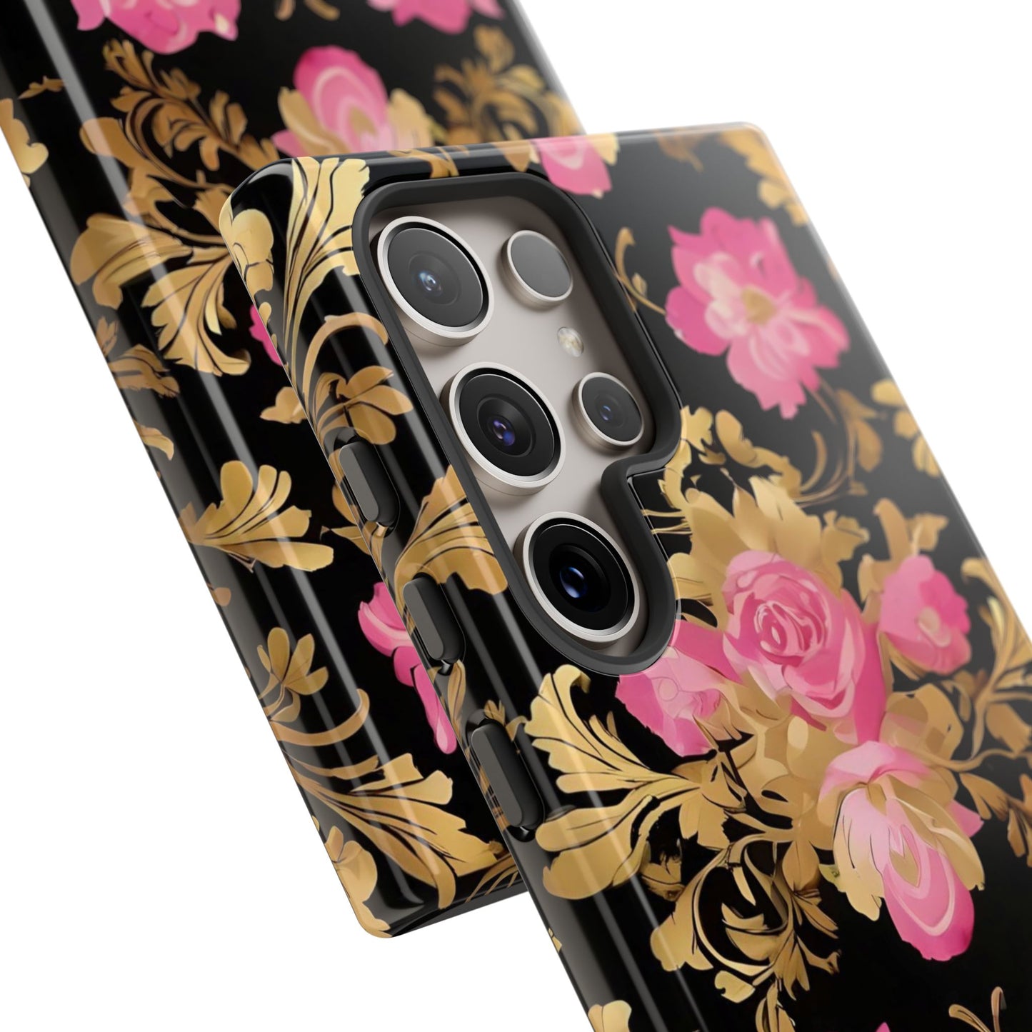 Elegant Floral Motif Phone Case - Tough Cases with Vintage Design - Pink & Gold Roses