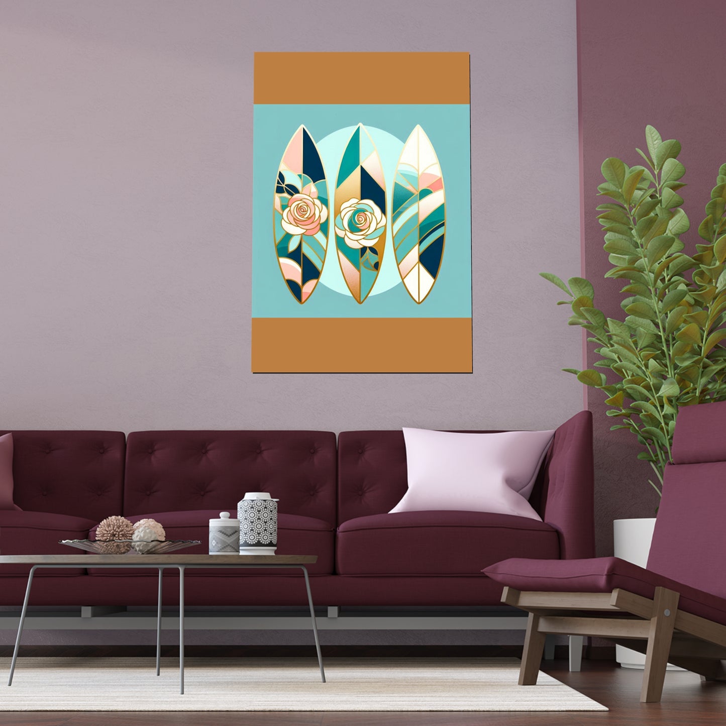 Elegant Floral Silk Poster - Indoor/Outdoor Wall Art for Home Decor - Blue, Pink & Aqua Surfboard & Roses