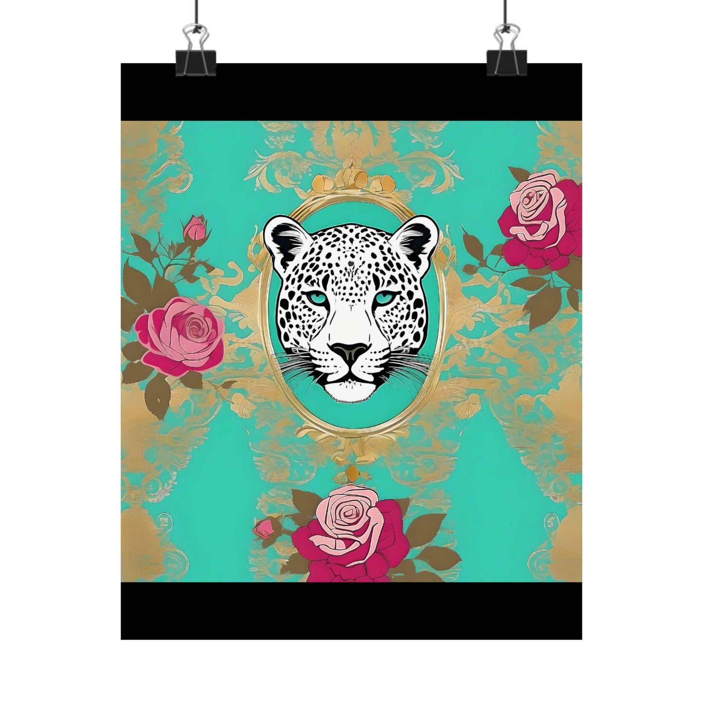 Floral Motif Art Poster - Elegant Matte Vertical Wall Decor - Leopard In Aqua With Roses