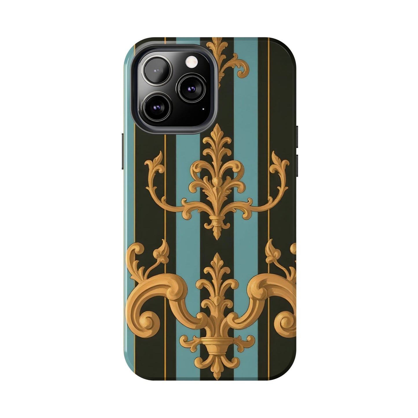 Elegant Baroque Tough Phone Case, Stylish Phone Cover, Durable iPhone Case, Unique Gift - Black & Turquoise Striped Baroque