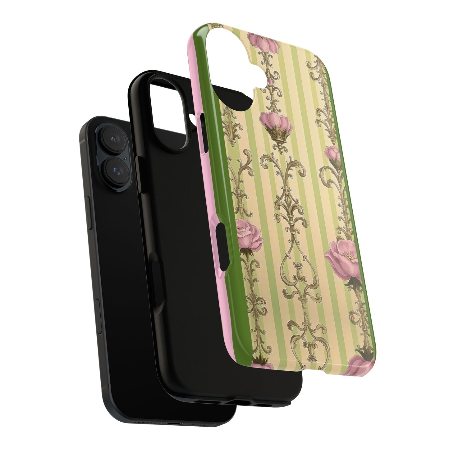 Elegant Floral Motif Phone Case - Tough Cases with Vintage Design - Lime Green & Pink Striped Damask