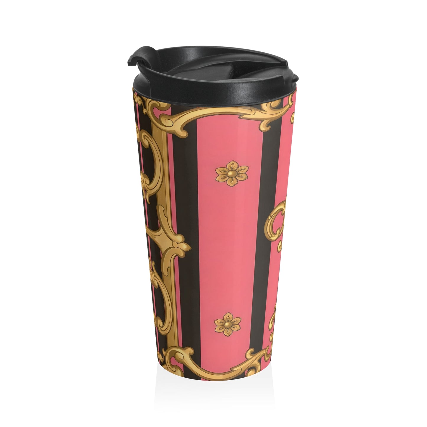 Chic Pink Travel Mug, Elegant Coffee Cup, Perfect for Gifts, Stylish Insulated Mug - Pink & Black Striped Gold Baroque